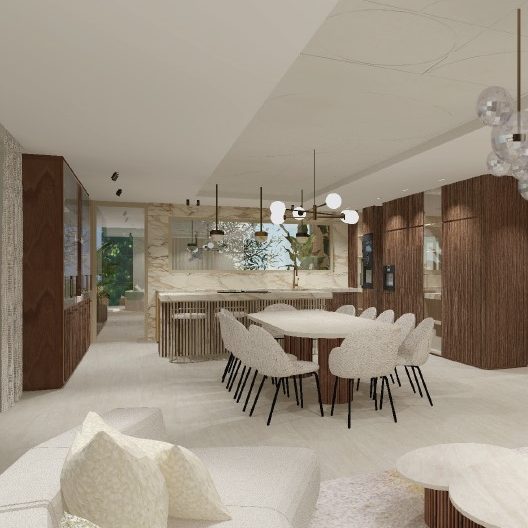 Intérieur moderne d'un salon avec cuisine, table à manger et éclairage élégant.