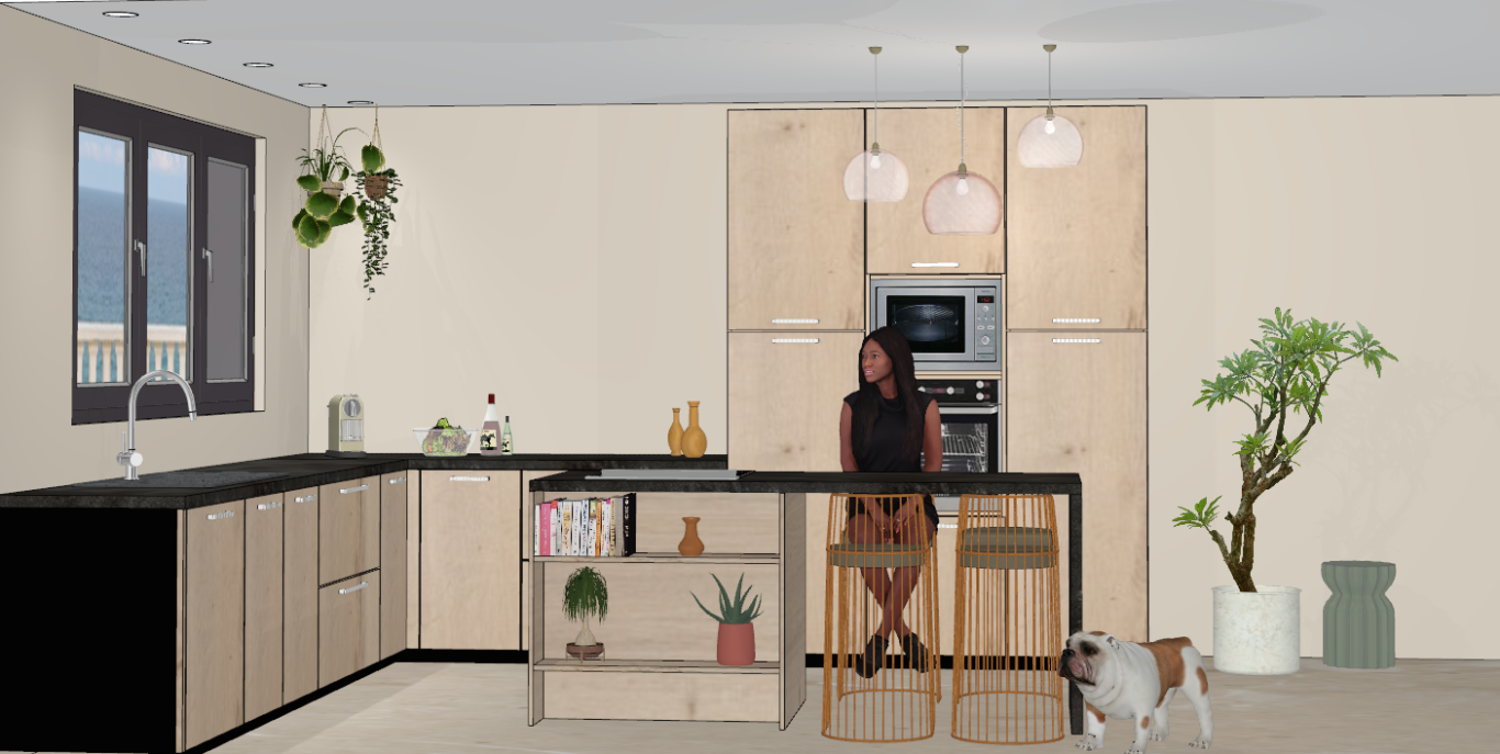 Conception Femme assise à un comptoir de cuisine moderne, avec un chien à ses pieds et des plantes.