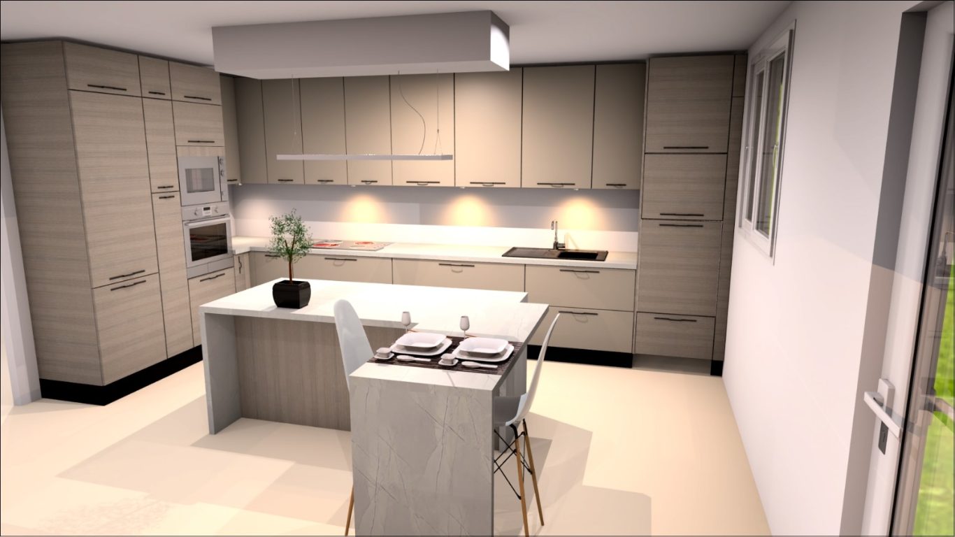 Cuisine moderne avec un îlot central, meubles clairs et éclairage doux.