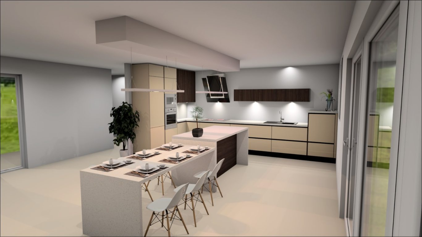 Cuisine moderne spacieuse avec îlot, sièges et éclairage naturel.